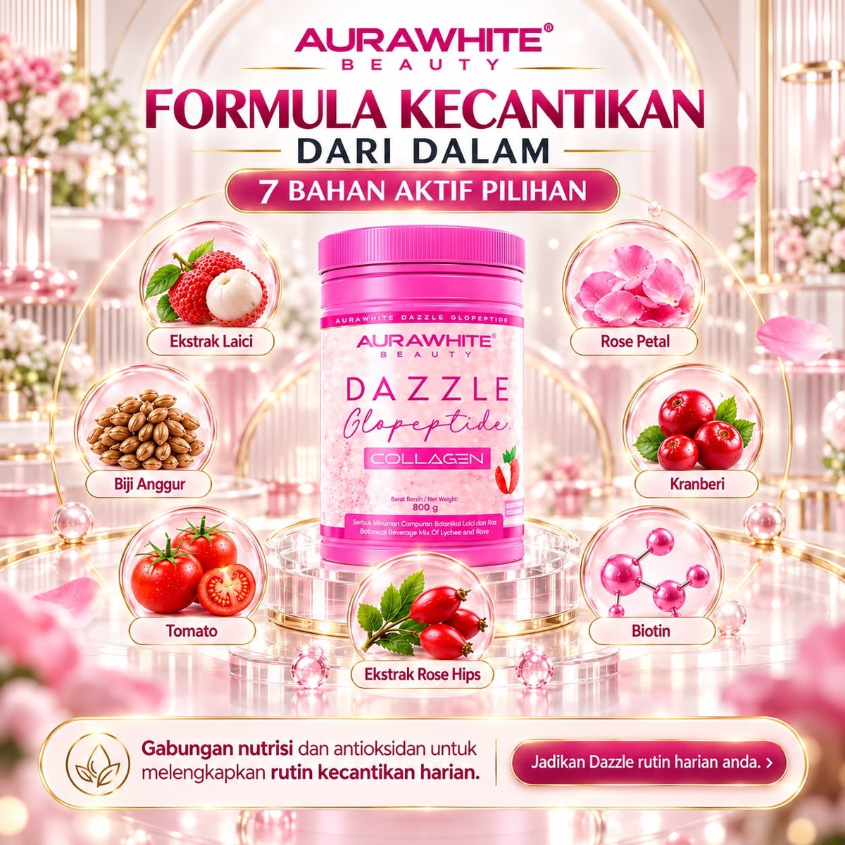 Bahan aktif Aurawhite Dazzle Glopeptide Collagen